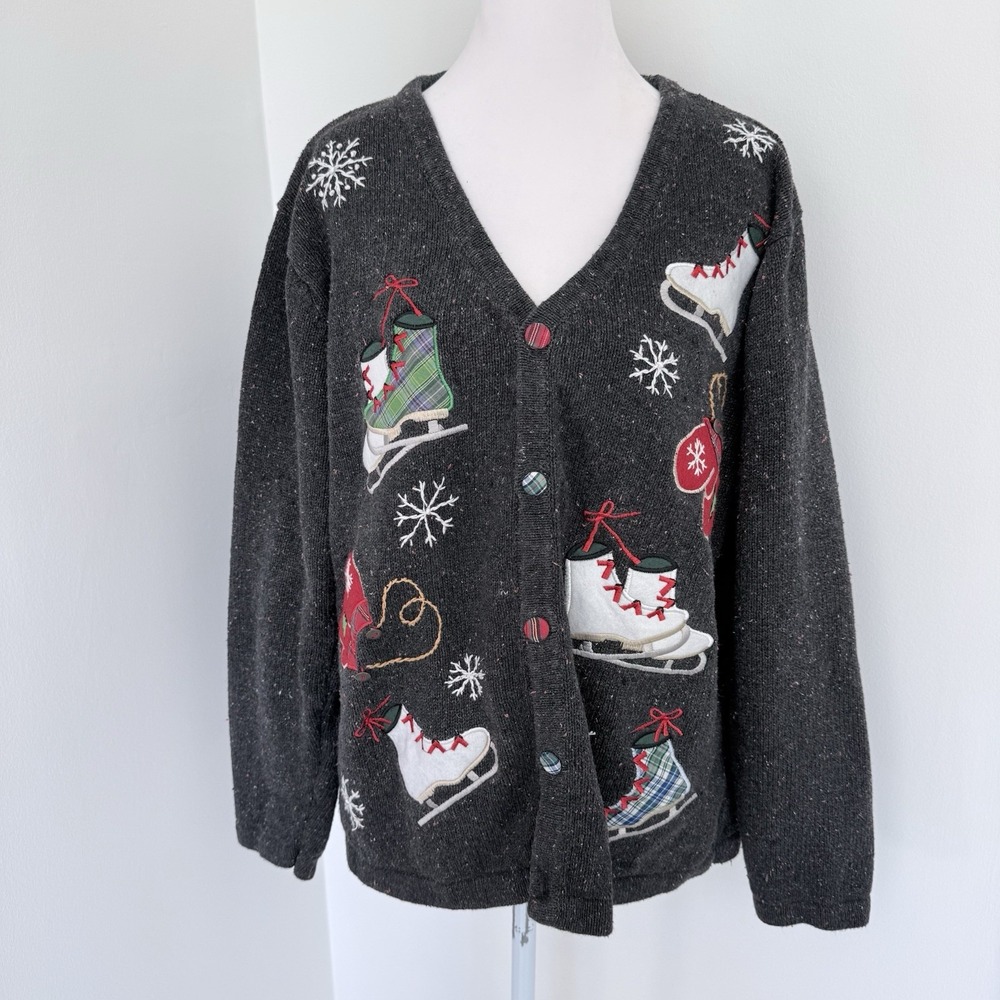 Vintage 90s Basic Editions Holiday XL Ice Skate Christmas Cardigan Sweater Gray